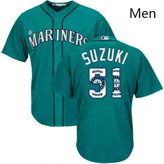 Mens Majestic Seattle Mariners 51 Ichiro Suzuki Authentic Teal Green Team Logo Fashion Cool Base MLB Jersey